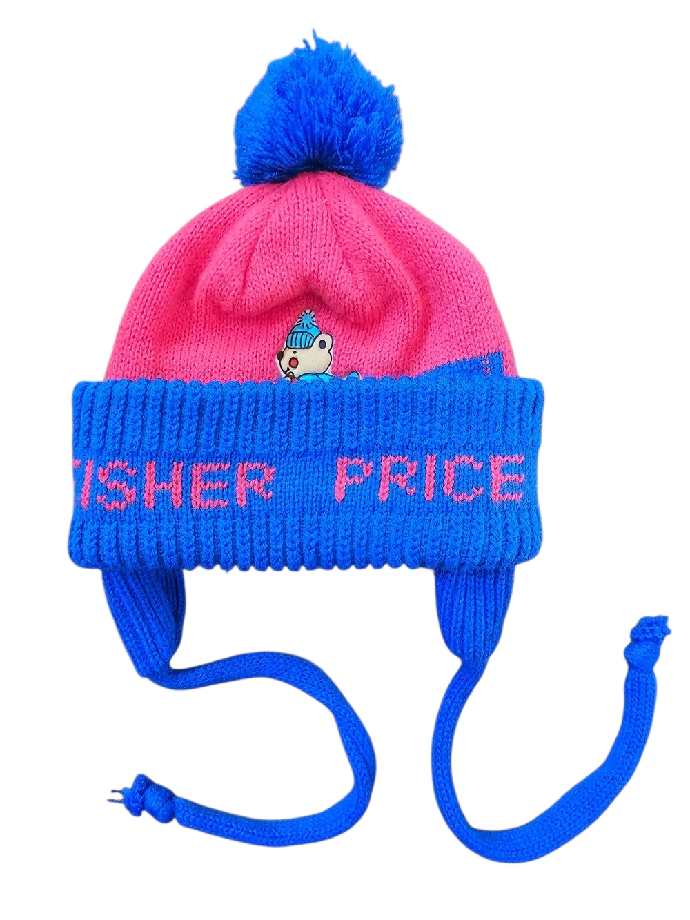 Vintage Fisher-Price Hot Pink and Royal Blue Pom-Pom Earflap Knit Ski Hat